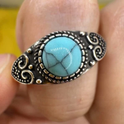 925 Sterling Silver Ring Turquoise 6mm Natural Gemstone Jewelry Women Bridal - Image 1 of 4