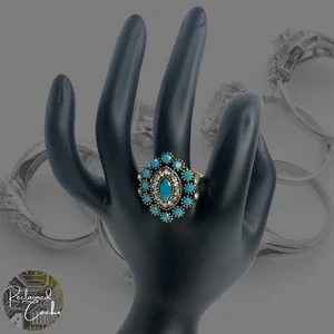 Anillo de cóctel dorado y azul imitación piedra marquesa declaración - talla 10 - Imagen 1 de 7