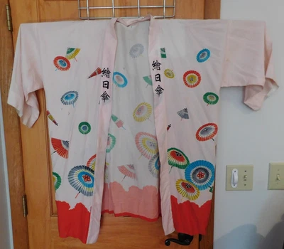 JAPANESE Yukata Kimono Pink w/Colorful Parasols Hand Sewn One Size Very Good Con - Image 1 of 4