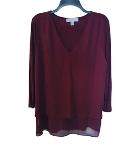 Michael Kors Womens Layered Pullover Blouse Size XL Burgundy Red V-Neck Mixed - Picture 1 of 8