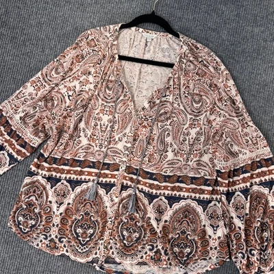 Lucky Brand Paisley Print Blouse Top Tunic Womens 1X Boho Cottagecore Peasant - Image 1 of 4