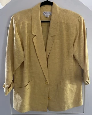 Blazer casual descontraído vintage anos 80 CHAUS amarelo Ramie feminino tamanho 12 - Imagem 1 de 4