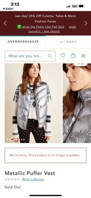 Nuevo $140 Anthropologie Traje Espacial Plateado Metálico Puffer Cremallera Cuello Chaleco Talla Mediana Foto 1 de 4