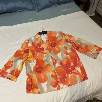 女士 Alfred Dunner 开襟橙色热粉色花卉西装外套 14 码 — 第 1/4 张图片