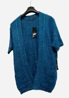 BCBGMAXAZRIA CÁRDIGAN GRUESO TEJIDO CONFETI SUÉTER FRENTE ABIERTO COLOR AZUL TALLA M Foto 1 de 4