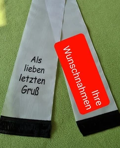 Gedenkschleife Trauerschleife weiss mit schwarzem Druck /Fransen Neu 12,5x80cm - Bild 1 von 4