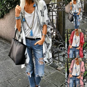 Women's Floral Loose Cardigan Half Sleeve Casual Coats Shirt Jacket Long Tops US - Picture 1 of 13