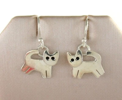 .925 Sterling Silver Cat Dangle Earrings Kitty Small Cute - Image 1 of 2