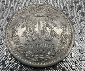 1907 MEXICO 50 CENTAVOS CURVED 7 COLLECTOR COIN 80% SILVER - Picture 1 of 10
