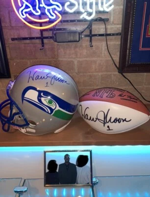 WARREN MOON SIGNED SEATTLE SEAHAWKS REPLICA HELMET AND SIGNED FOOTBALL - Image 1 of 3