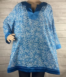 Apostrophe Woman Plus Size Blouse 20/22W Blue White Foliage Print Cotton Tunic - Picture 1 of 12