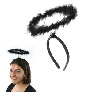 LADIES BLACK ANGEL HALO FEATHER HEADBAND FANCY DRESS ACCESSORY HALLOWEEN - Picture 1 of 10
