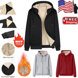 Winter Women's Warm Lambswool Lined Sweatshirt Hoodie Zip-Up Hooded Jacket USA - Picture 1 of 37