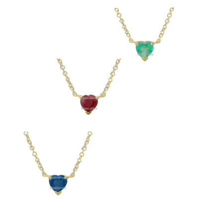 Solitaire Mini Charm Heart Natural Emerald Pendant Chain Necklace 14kYellow Gold - Image 1 of 4