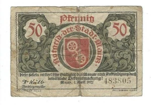 Notgeld - Mainz - Stadt Mainz - 50 Pf. - 1921 - Wz. Rheinische Wellen - Picture 1 of 2