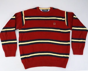 Vintage Tommy Hilfiger gestreifter schwerer Strick Wappen Pullover rot gelb blau Gr. L - Bild 1 von 6