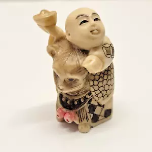 VTG Signed Masatoshi Japanese Netsuke Man Riding on Cat Figure - Picture 1 of 9
