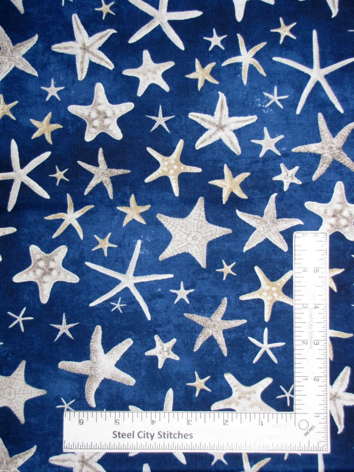 Beach Nautical Fabric Starfish Dark Blue Cotton Timeless Treasures C1238 Yard - Image 1 of 1