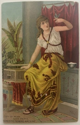 Antique Advertising Trade Card Domestic Sewing Machine c1880s Woman W/ Bird Cage - Image 1 of 2