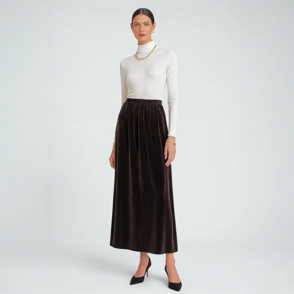 Maxi Falda Eileen Fisher Terciopelo M Marrón Oscuro Mezcla Seda Gótica Línea A Pull On Foto 1 de 4