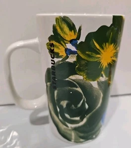 STARBUCKS Dot Collection Tall Floral Green Blue Coffee Tea Mug Cup 16 fl oz 2014 - Picture 1 of 10