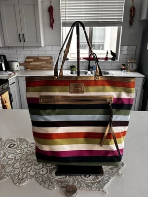 Coach Legacy Authentic Striped Sateen & Leather Purse Tote Shoulder Jumbo - Image 1 of 4