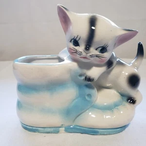 Vintage Keramik Übertopf weiß schwarz Kätzchen Katze blau weiß Baby Schuh Japan - Bild 1 von 11