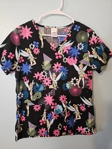 Disney Brand Tinkerbell Print On Black Scrub Top  - sz XS - Picture 1 of 4