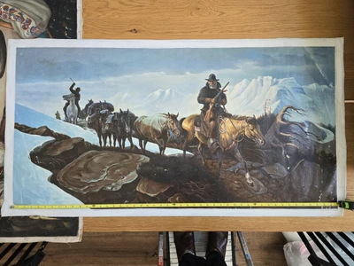 Vintage Cowboy Painting Western Landscape with Horses and Mountains 48x24 - Image 1 of 4