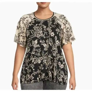 Johnny Was Adjustable Sleeve Top Tunic Floral Print Black Beige Women's - Picture 1 of 7