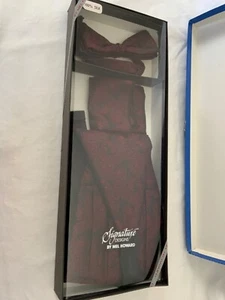 Mel Howard 100% Silk Cummerbund Bow Tie Pocket Handkerchief Burgundy Paisley - Picture 1 of 4