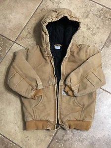 Carhartt Canvas Jacket Lined Quilted Hooded Zipup Coat Kids Youth Size 7/8 - Picture 1 of 4