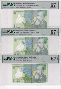 Romania Set 3; 1 Leu 2017 2023 2024 P 117 Superb Gem UNC PMG 67 EPQ - Picture 1 of 4