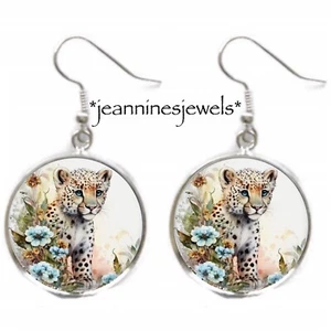 Leopard Earrings Summer Floral Art Print Silver Charm Dangle Animal Lover Gift - Picture 1 of 13