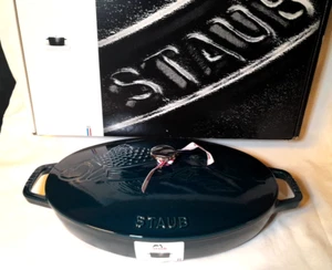 NEW Staub Covered Oval Dish Fish Drawing 13" Two-Handed Cast Iron Pot 3qt 40501- - Picture 1 of 11