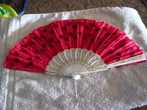 FAN #2 ( SMALL HAND TYPE FAN WITH SEQUINS ) PINK AND WHITE - Picture 1 of 2