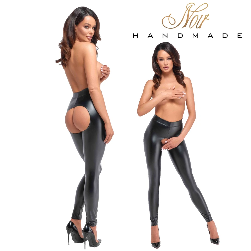 Noir Handmade Wet Effect Open Crotch & bum Leggings BDSM Pants crotchless pants - Image 1 of 4