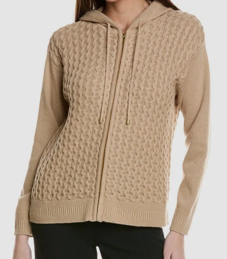 Anne Klein Women's Beige Wool Cashmere Zip-Front Knit Hoodie Sweater Size L - Image 1 of 1