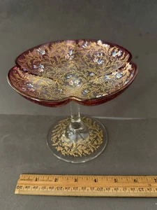 ORANTE HAND PAINTED LEAF FLOWER CLEAR & CRANBERRY GLASS COMPOTE PEDESTAL DISH TG - Picture 1 of 6