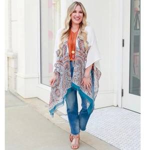 J Jill Neutral Print One Size Modal Rayon Kimono Cardigan Cover Up Fringe Scarf - Picture 1 of 4