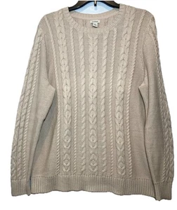 LL Bean Womens Fisherman Cable Knit Sweater Plus Size 1X Tan Beige Pullover - Picture 1 of 16