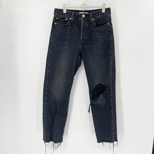 Levi's Wedgie Straight Ripped Denim Jeans Sz 29 Black High Rise Pockets Raw Hem - Picture 1 of 12