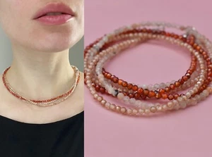 Dainty multi layer carnelian collar choker, peach moonstone necklace - Picture 1 of 14