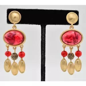 Statement Cabochon Dangle Earrings Red Lucite Brushed Gold Black Rhinestone 9L - Picture 1 of 12