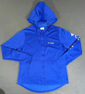 Moletom Columbia PFG feminino azul com capuz logotipo zíper completo lã tamanho G - Imagem 1 de 4