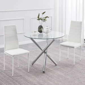 Round Clear Glass Dining Table Silver Legs & 2x White Faux Leather Dining Chairs - Picture 1 of 9