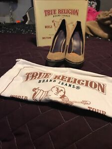 True Religion Tan Suede Leather Platform Pumps Heels Size 8.5 Womens