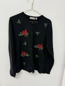 Croft & Barrow Black Button Down Sweater Embroidered Red Cardinal Birds L - Picture 1 of 7