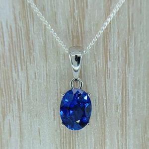 8x6mm OVAL LAB CREATED BLUE SAPPHIRE 925 STERLING SILVER PENDANT CHAIN NECKLACE - Picture 1 of 3