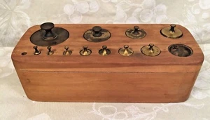 Vintage 11 Brass Scale Weights with Wood Base - Picture 1 of 8